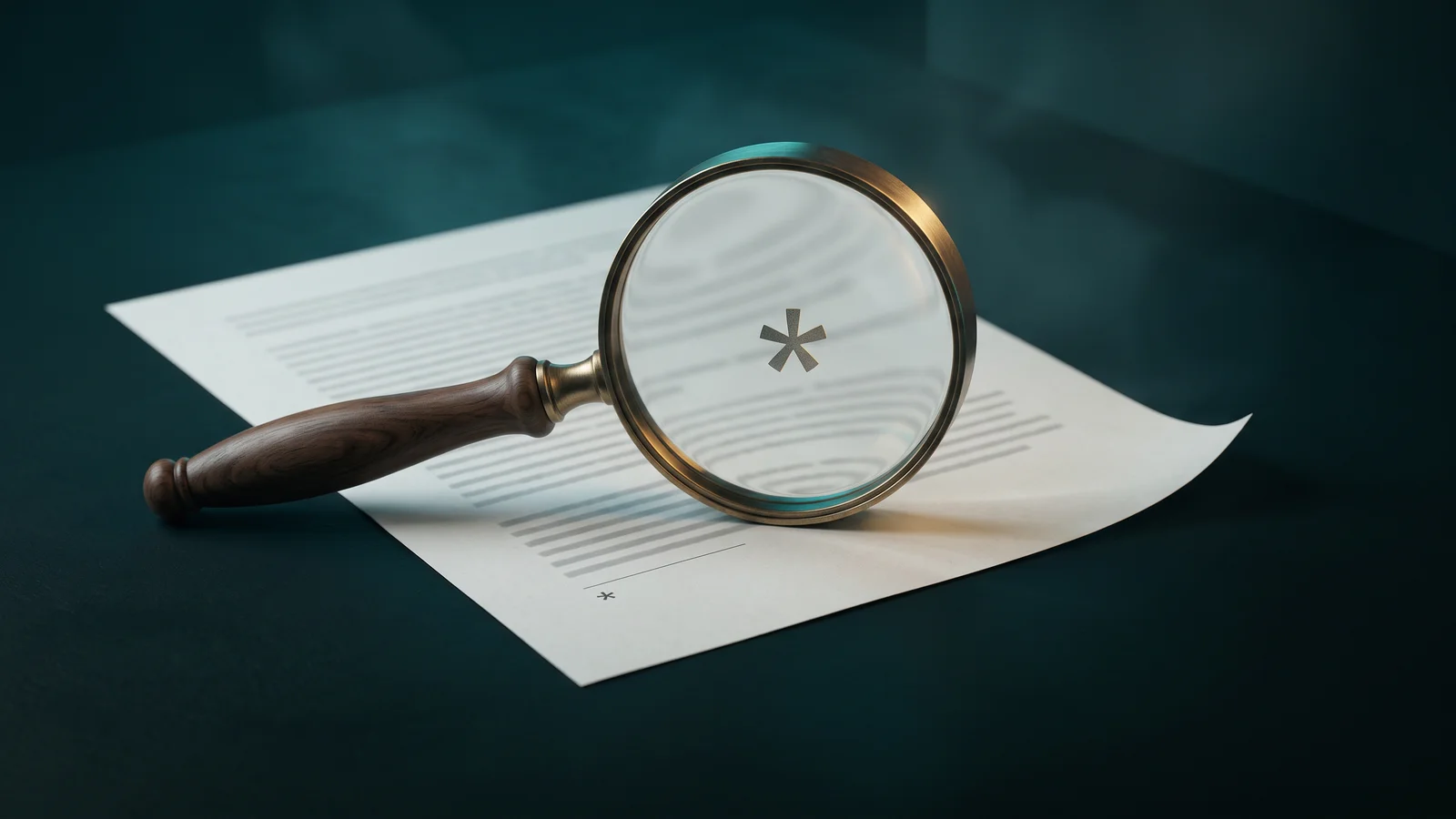 A magnifying glass resting on a printed research report, enlarging a small footnote at the bottom of the page