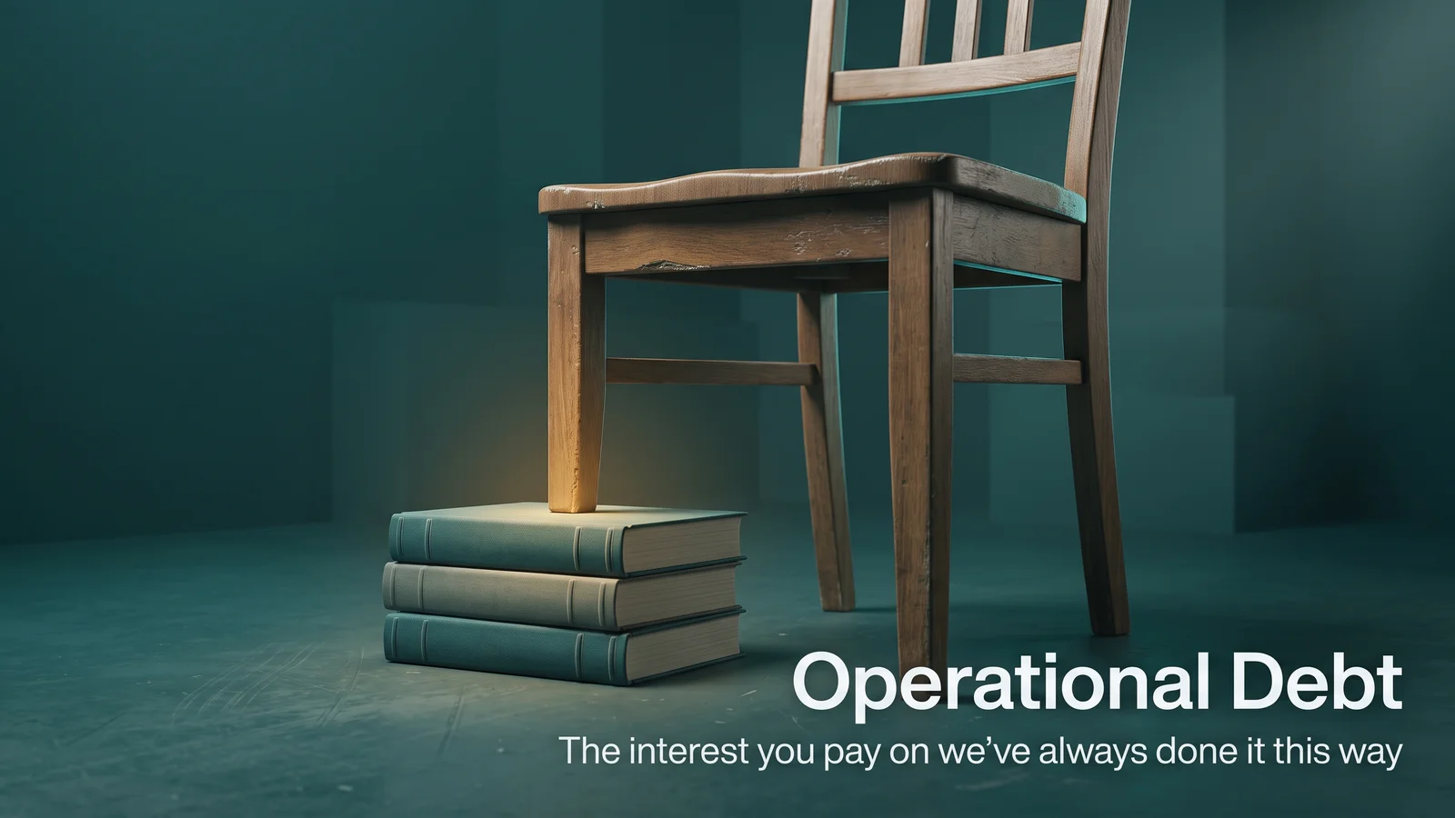 Operational debt: a wooden chair with one short leg propped up by a stack of books