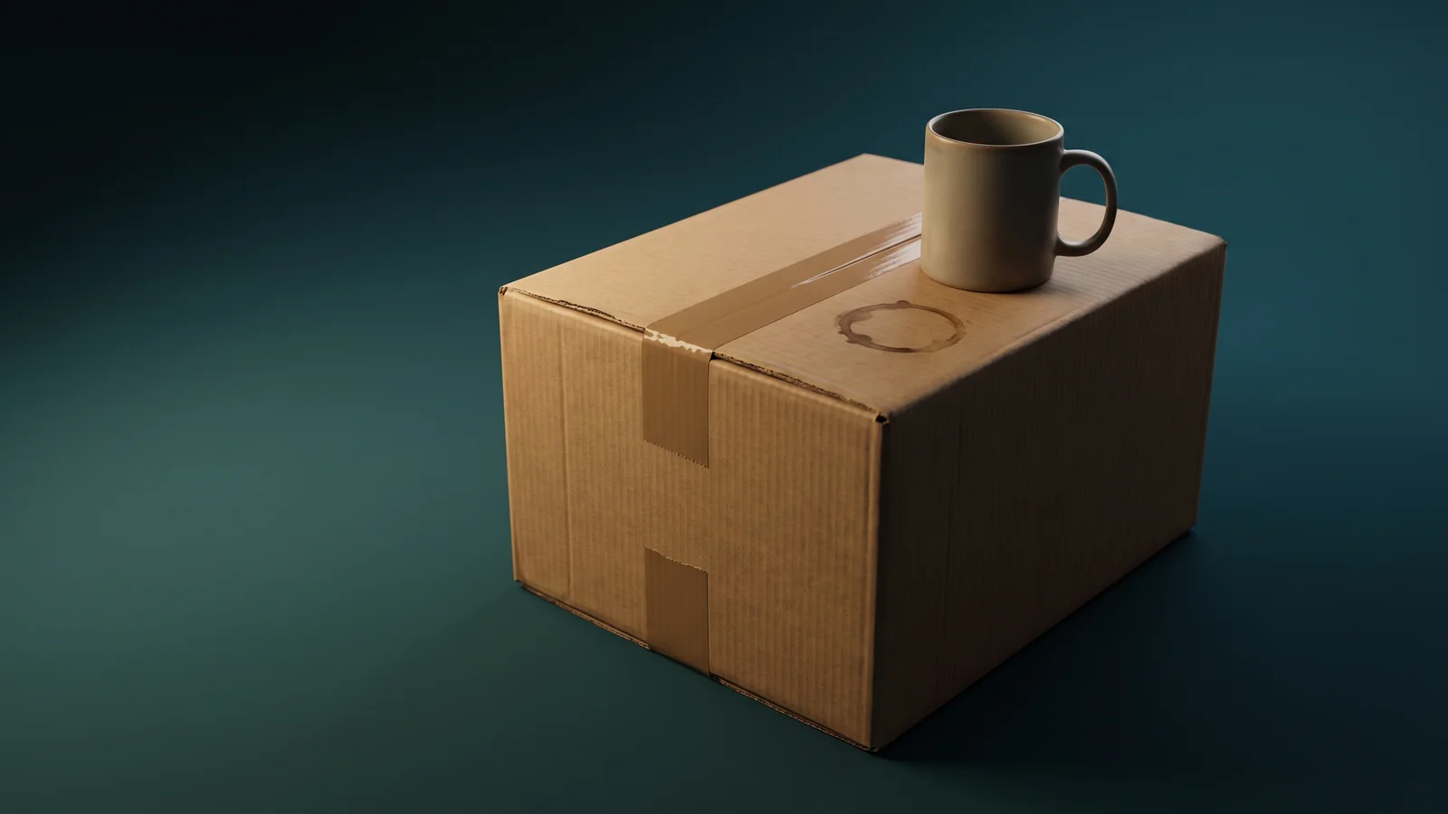 A sealed software box still taped shut, being used as a side table with a coffee mug ring on the lid